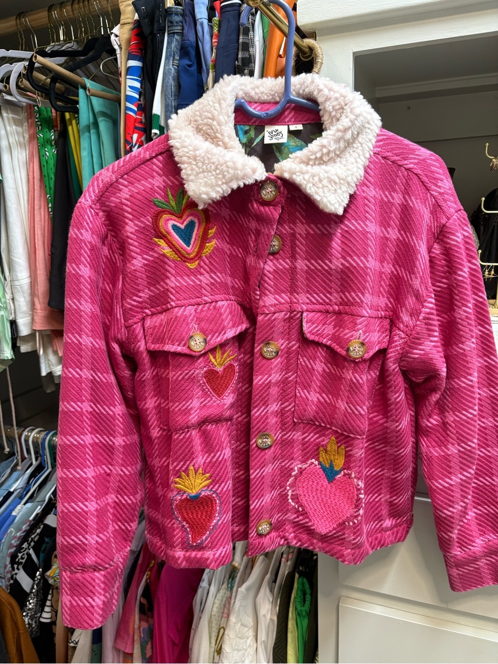 ivy jane Pink Plaid Sherpa Collar Jean Jacket with Embroidered Hearts